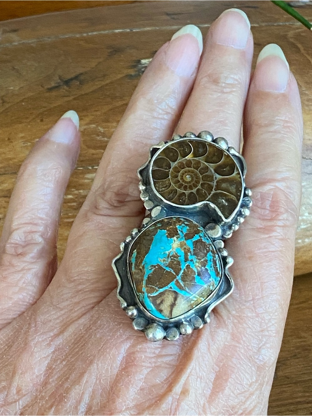 Fossil Ammonite & Turquoise Sterling Statement Ring - Picture 7 of 8